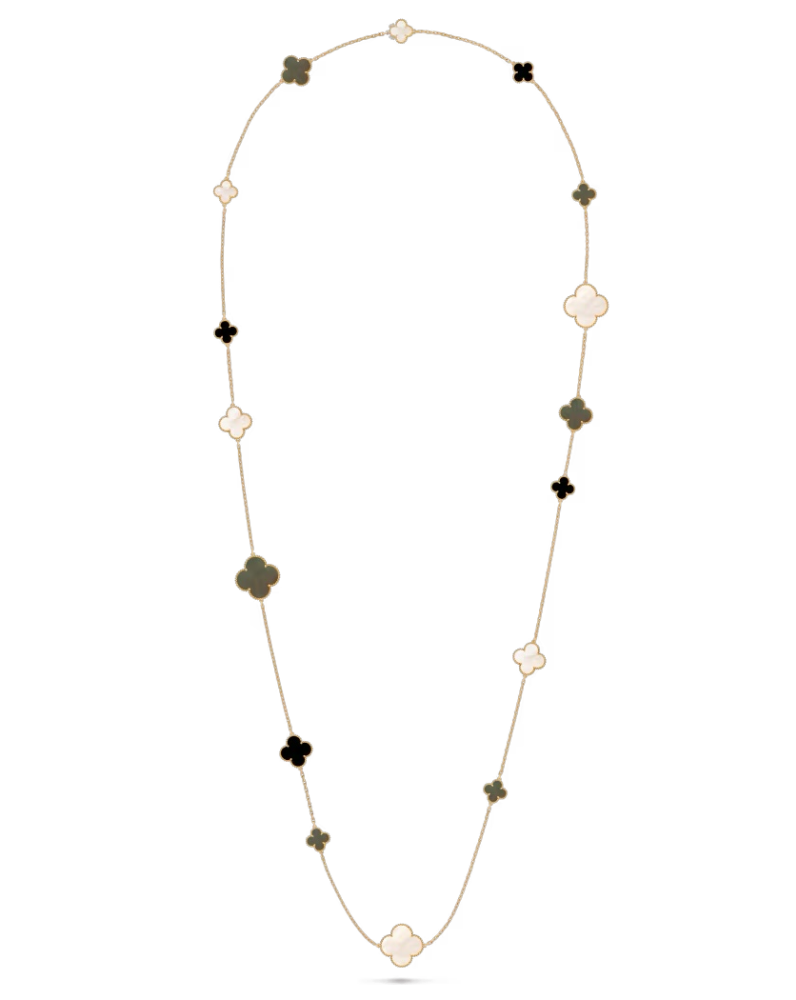 Колье Van Cleef & Arpels Magic Alhambra long necklace 16 motifs 18K yellow gold Mother-of-pearl Onyx VCARD79400