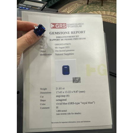 Кольцо No name с сапфиром 21,81ct Vivid Blue GRS.