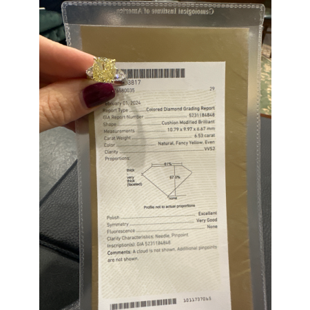Кольцо No name с бриллиантом 6,53ct Fancy Yellow/VVS2 GIA.