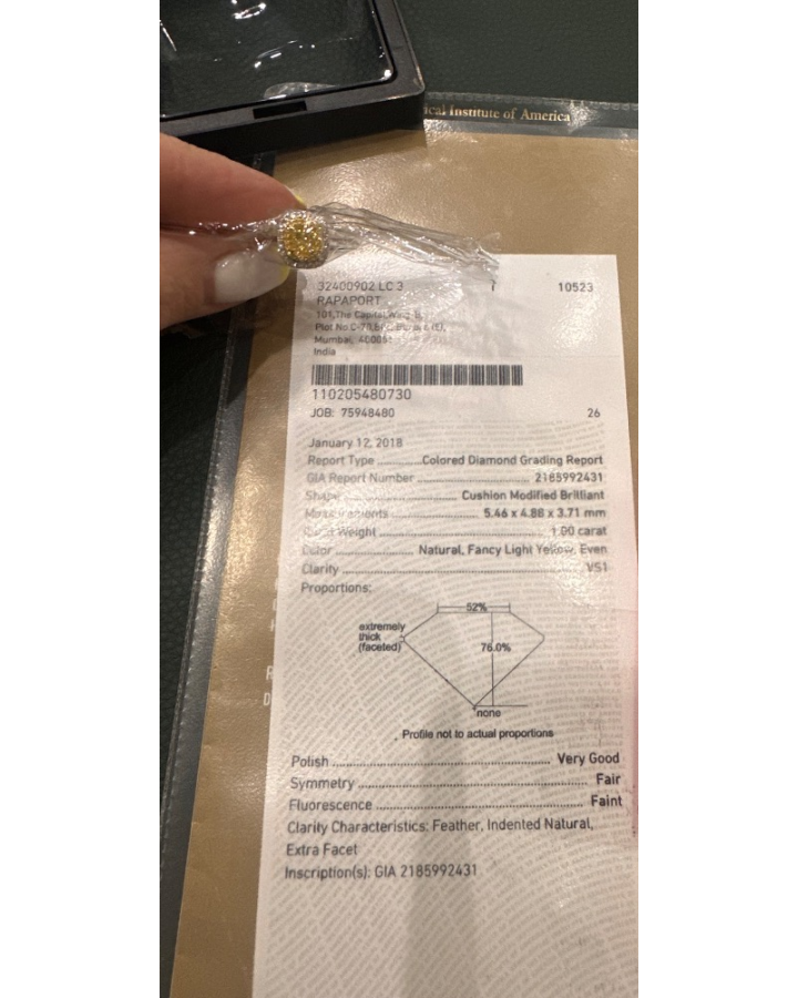 Кольцо No name с бриллиантом кушон 1 00ct FLY/VS1 GIA.