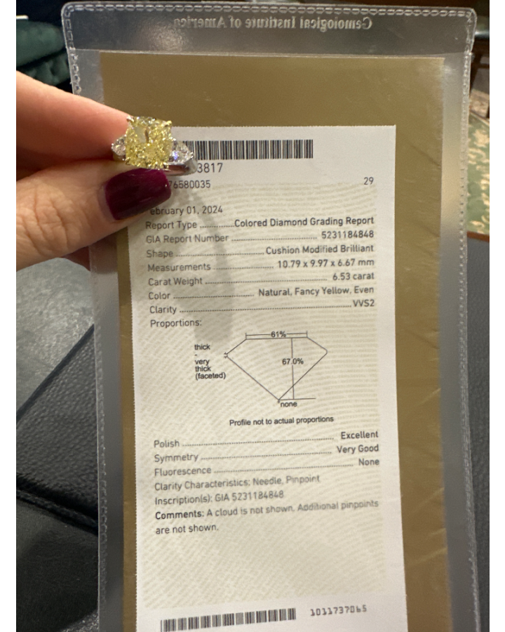 Кольцо No name с бриллиантом 6 53ct Fancy Yellow/VVS2 GIA.
