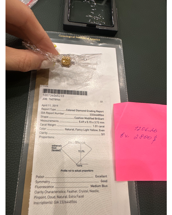 Кольцо No name с бриллиантом кушон 1 01ct FLY/SI1 GIA.