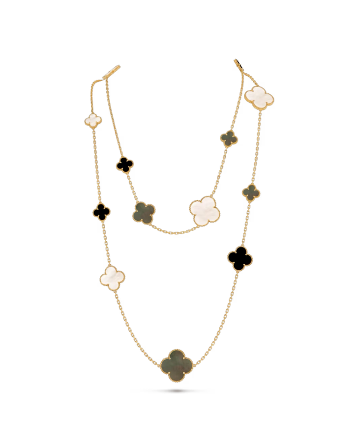 Колье Van Cleef & Arpels Magic Alhambra long necklace 16 motifs 18K yellow gold Mother-of-pearl Onyx VCARD79400